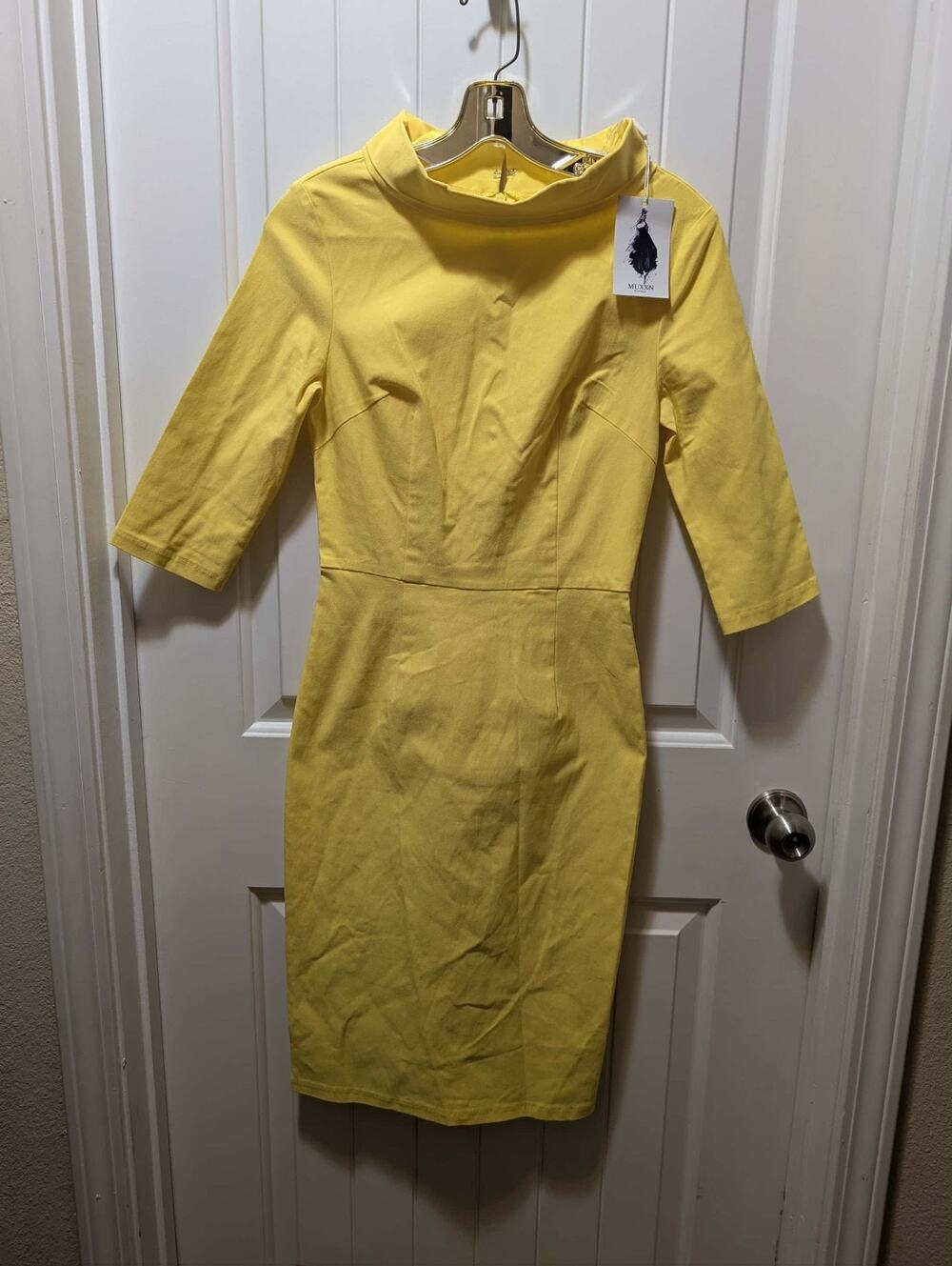 NEW! Muxxn Size S Yellow Cocktail Party Business Pencil Dress 3/4 Sleeve Midi